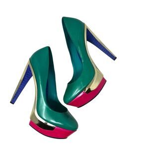 B Brian Atwood Leonida Turquoise Multi Platform Metal Gold Pump‎ Heel Size US 10